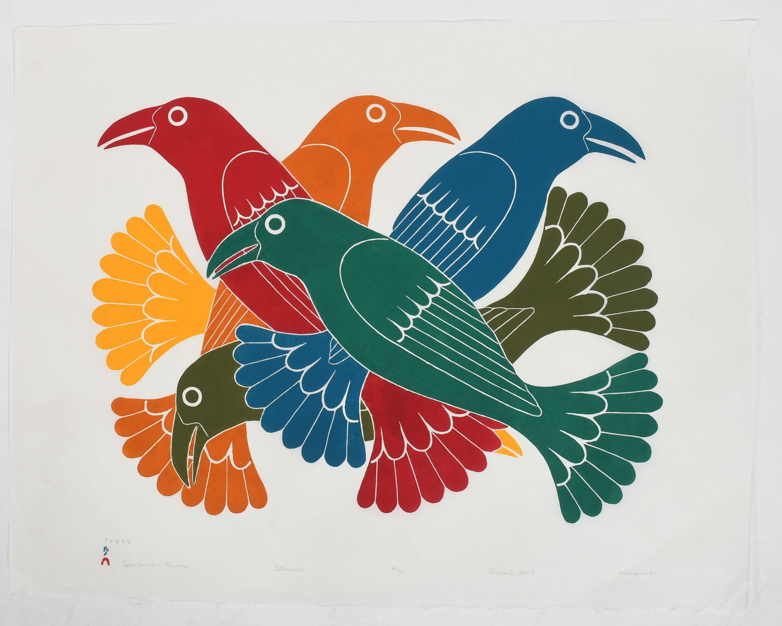 Kenojuak Ashevak, (1927-2013), Stonecut Print: Kenojuak Ashevak, (1927-2013), Stonecut Print "Spectacular Ravens", dated 2003, from a numbered edition no. 47/50, pencil signed. Dimensions: 25 1/4" x 32" 