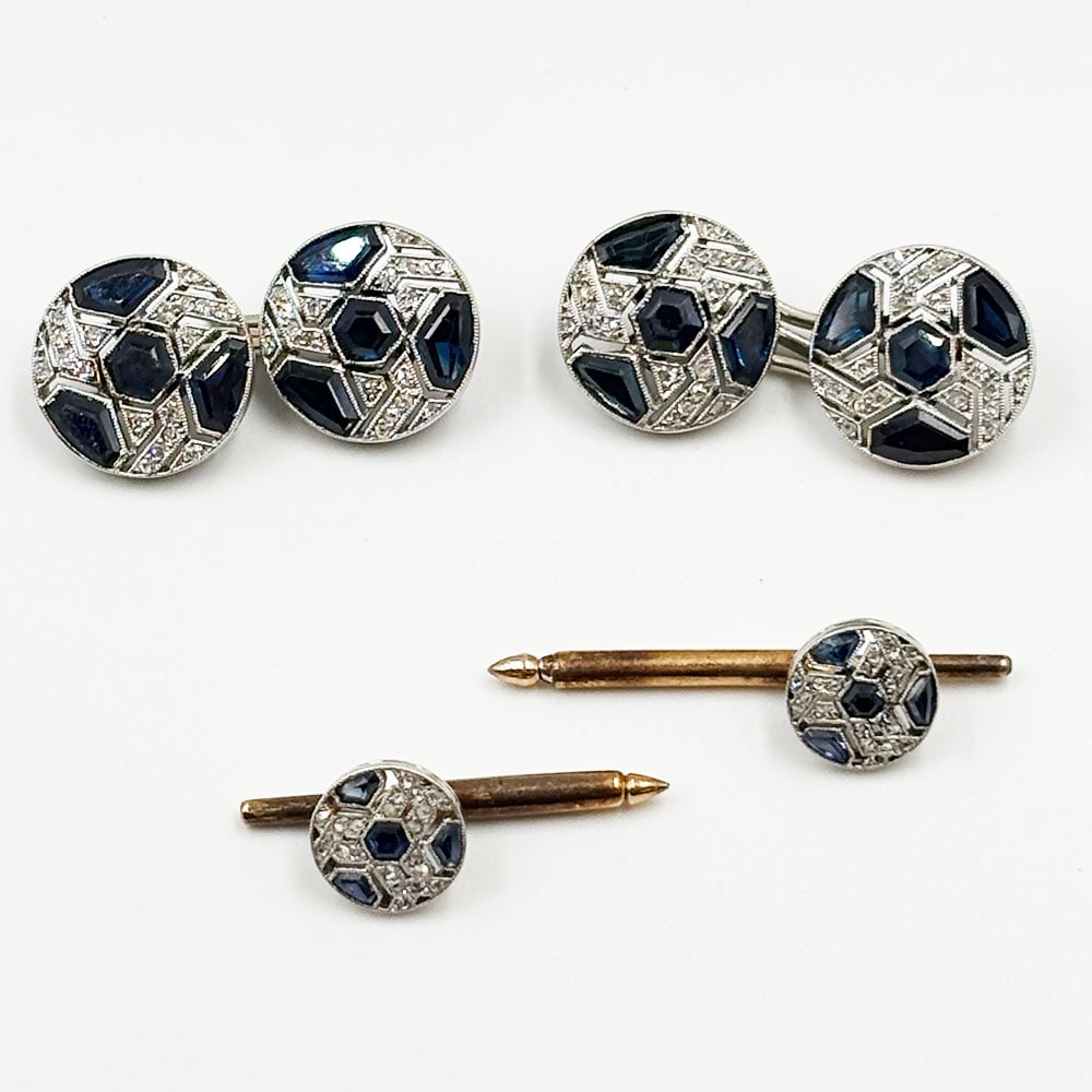 Art Deco Platinum Diamond and Sapphire Cuff Link and Stud Set (1 of 2)