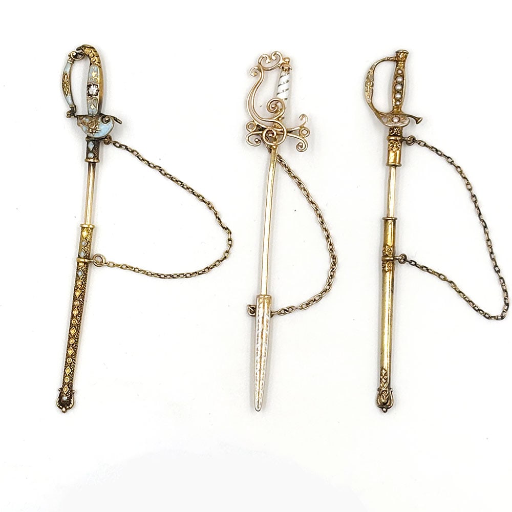 Three Antique 10K Gold Enamel Sword Jabot Pins (1 of 1)
