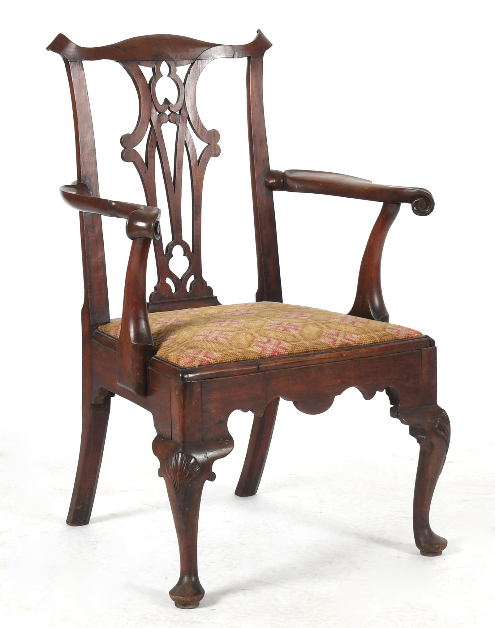 Chippendale Carved Mahogany Armchair, Second Half 18th Century: A Chippendale Carved Mahogany Armchair, Probably Mid-Atlantic States, Second Half 18th Century The shaped crest rail above a Gothic tracery pierced splat, the outspread arms with scrolled te