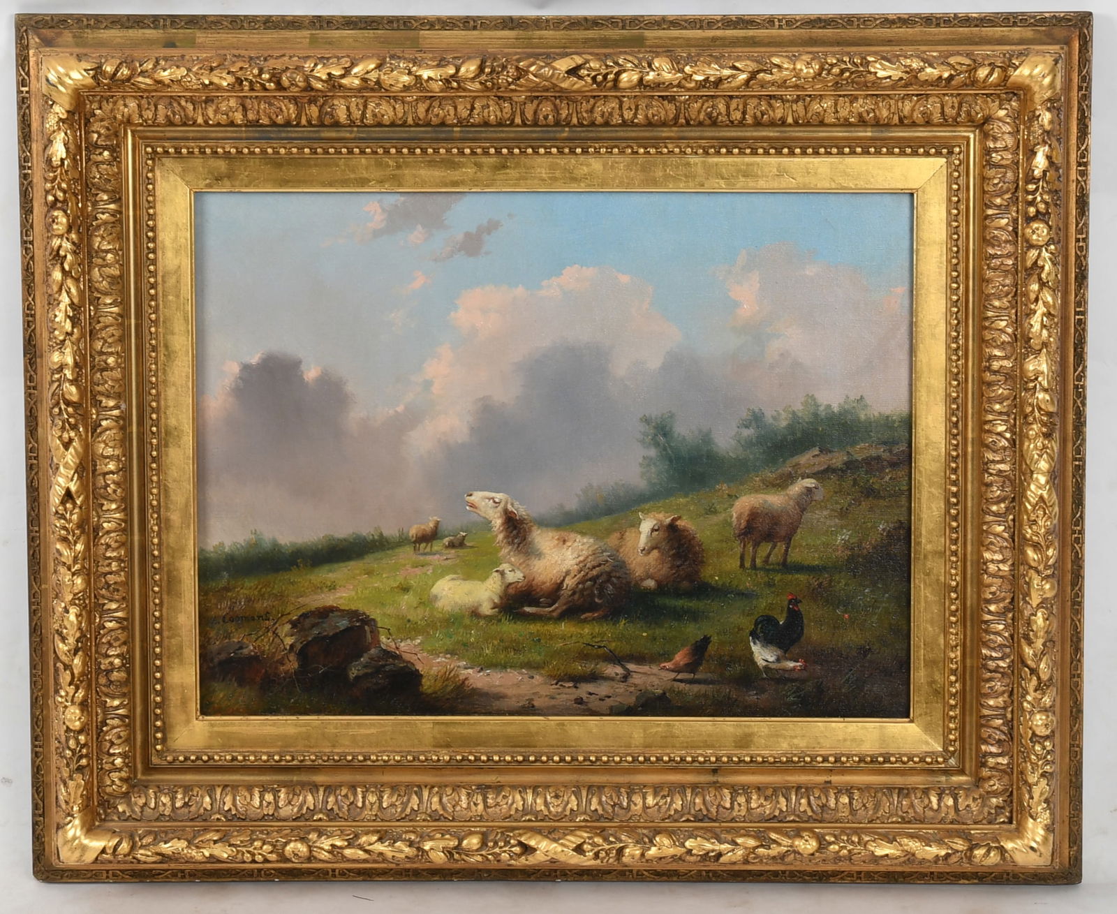 Auguste Coomans (act.1855-1896) Oil on Canvas: Auguste Coomans (act.1855-1896) Oil on Canvas A scene with sheep and chickens, signed at the lower left. Dimensions: 16in x 21 1/2in, the frame 25 1/2in x 31in. Provenan
