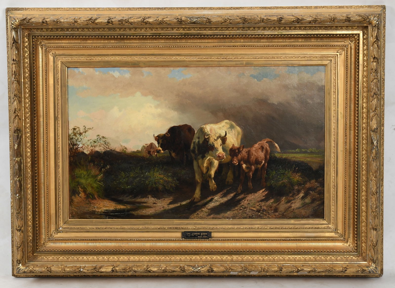 Peter Moran (1841 - 1914) Oil on Canvas: Peter Moran (1841 - 1914) Oil on Canvas "The Coming Storm", signed at the lower right. With Frank S. Schwarz and Son Gallery affixed verso. Dimensions: 17 1/2in x 29in, the frame