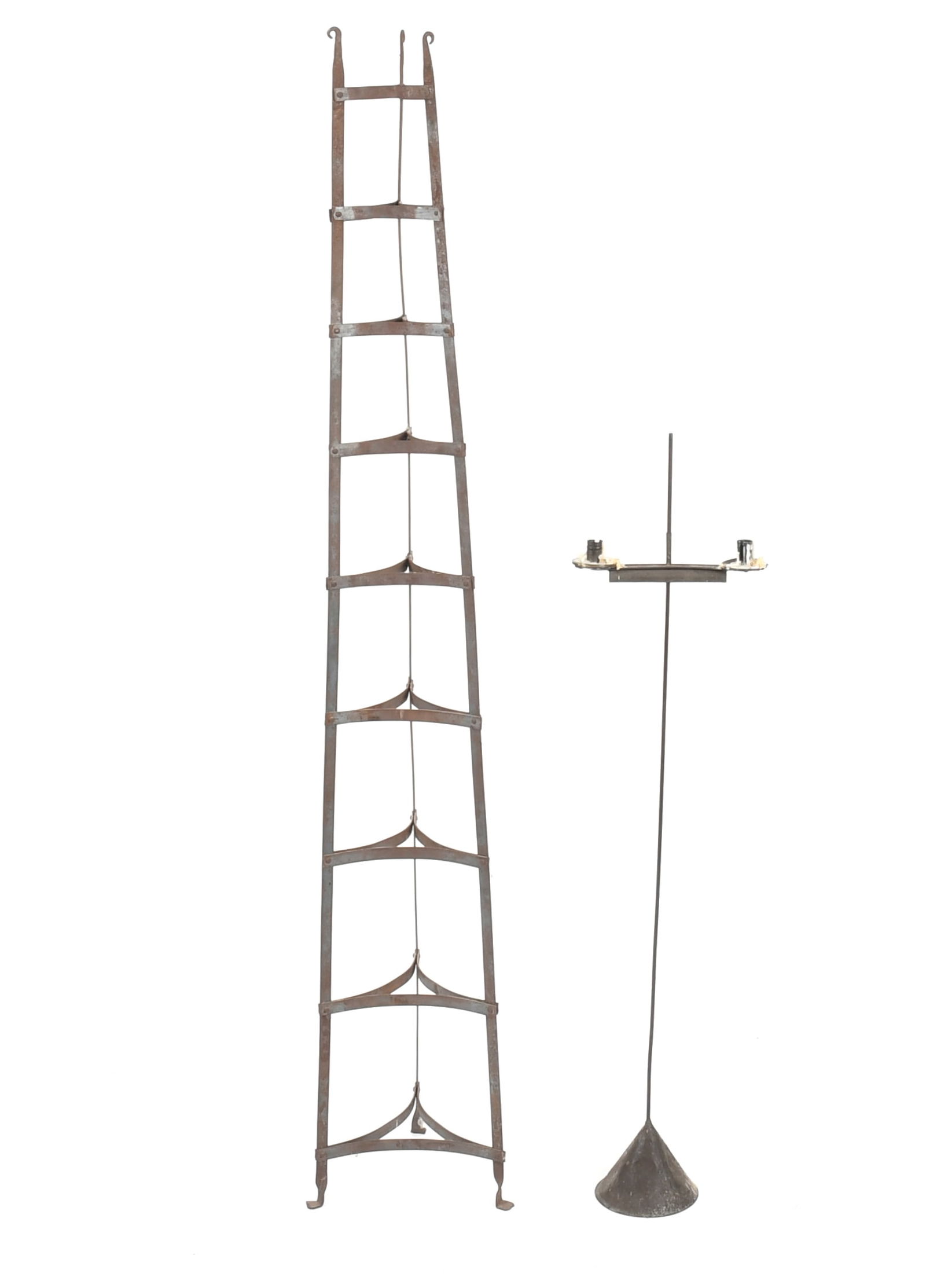 Large Wrought Iron Pot Rack and an Iron and Tin Candlestand, 19th-20th Century (1 of 8)