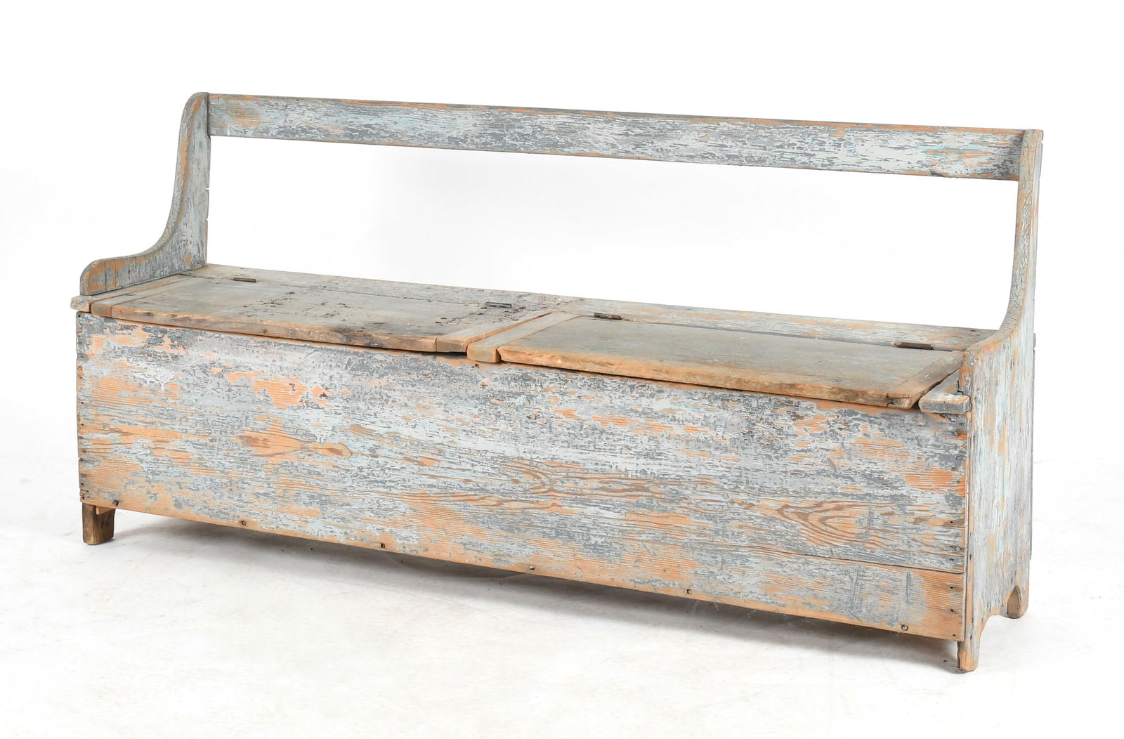 Country Blue-Painted Pine Settle Bench with Open Rail Back, 19th Century (1 of 7)
