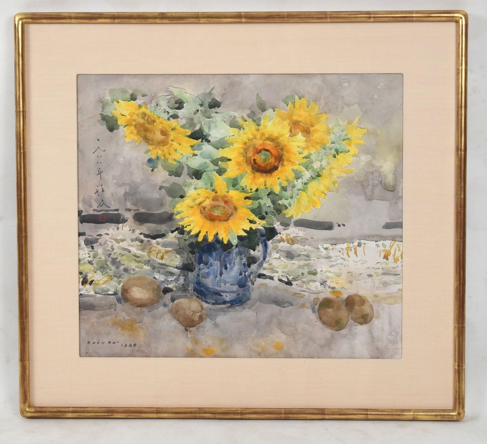 Chen Chi (1912-2005) Watercolor: Chen Chi (1912-2005) Watercolor "Sunflowers", signed and dated for 1988 at the lower left. With Hartley Hill Gallery label affixed verso. Dimensions: sight is 21in x 24in, the fr