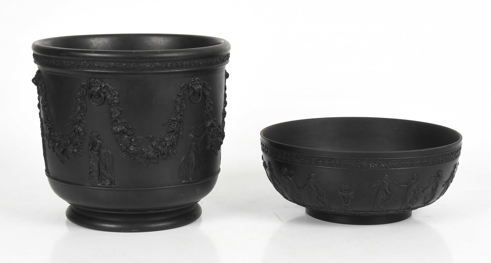 Wedgwood Black Basalt, Planter and Bowl: Wedgwood Black Basalt, Planter and Bowl Both 20th century, comprising: a large bowl decorated with the "Dancing Hours" with arabesque and acanthus borders, and a planter deco