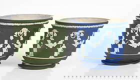 Two Wedgwood Jasper Dip Jardinieres, Royal Blue and Green: Two Wedgwood Jasper Dip Jardinieres, Royal Blue and Green Both in the same pattern featuring various classical figures and lions heads with festoons and garlands, one first half of the 19th