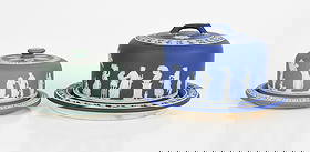 Two Wedgwood Cheese Domes and Underplates, Jasper Dip: Two Wedgwood Cheese Domes and Underplates, Jasper Dip Both in similar patterns with classical figures and garland borders, the larger a late 19th century example in royal blue, the other smaller