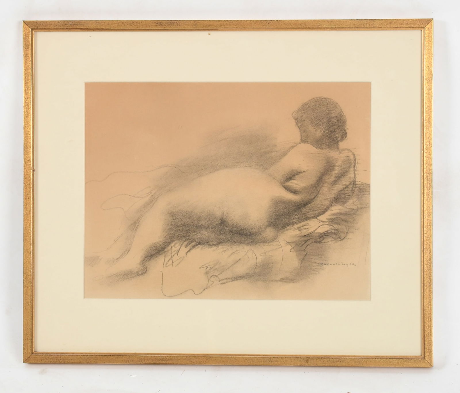 Raphael Soyer (1889-1987), Charcoal on Paper: Raphael Soyer (1889-1987), Charcoal on Paper 20th century, a nude sketch of a reclining woman, signed at the lower right. Dimensions: sight is 12 1/2" x 16 1/2", the frame 19