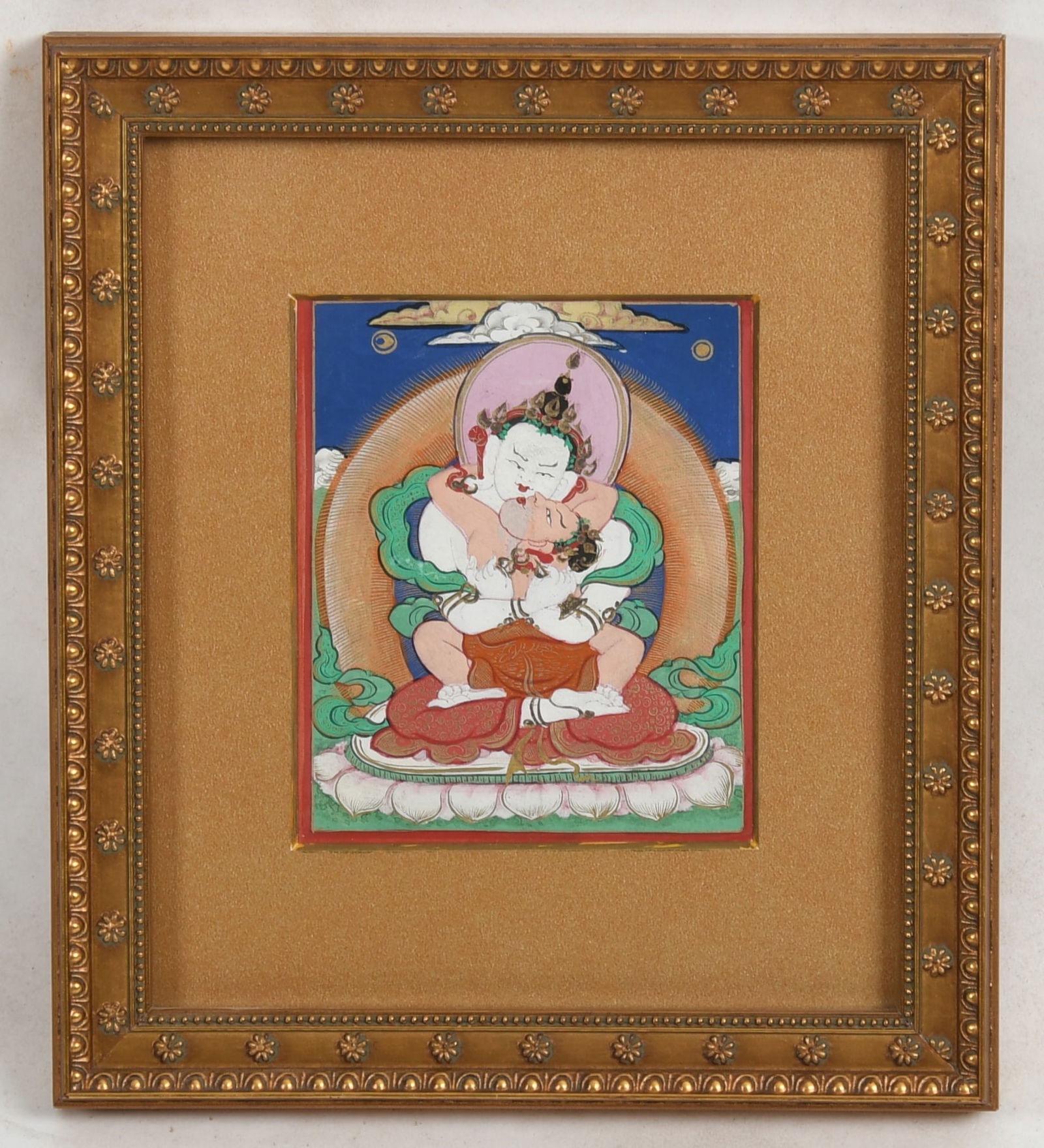 A Tibetan Thangka, Vajradhara Shakti: A Tibetan Thangka, Vajradhara Shakti Pigment on cloth, modern framing. Dimensions: 3 7/8in x 3in, the frame 7 1/2in x 6 1/2in. Provenance: From the