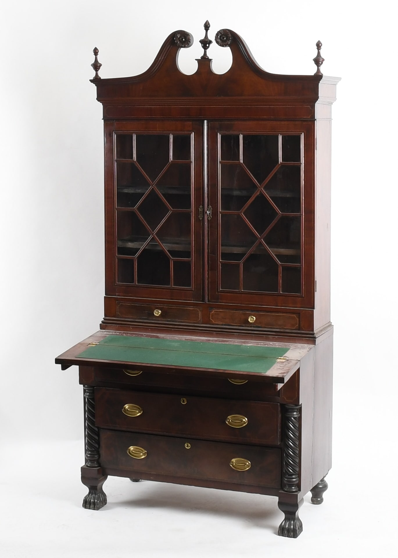 Federal Style Inlaid Mahogany Secretary Bookcase, 19th Century: A Federal Style Inlaid Mahogany Secretary Bookcase, 19th Century The upper section having a broken arch pediment above a pair of glazed doors enclosing a bookcase with adjustable shelves above tw