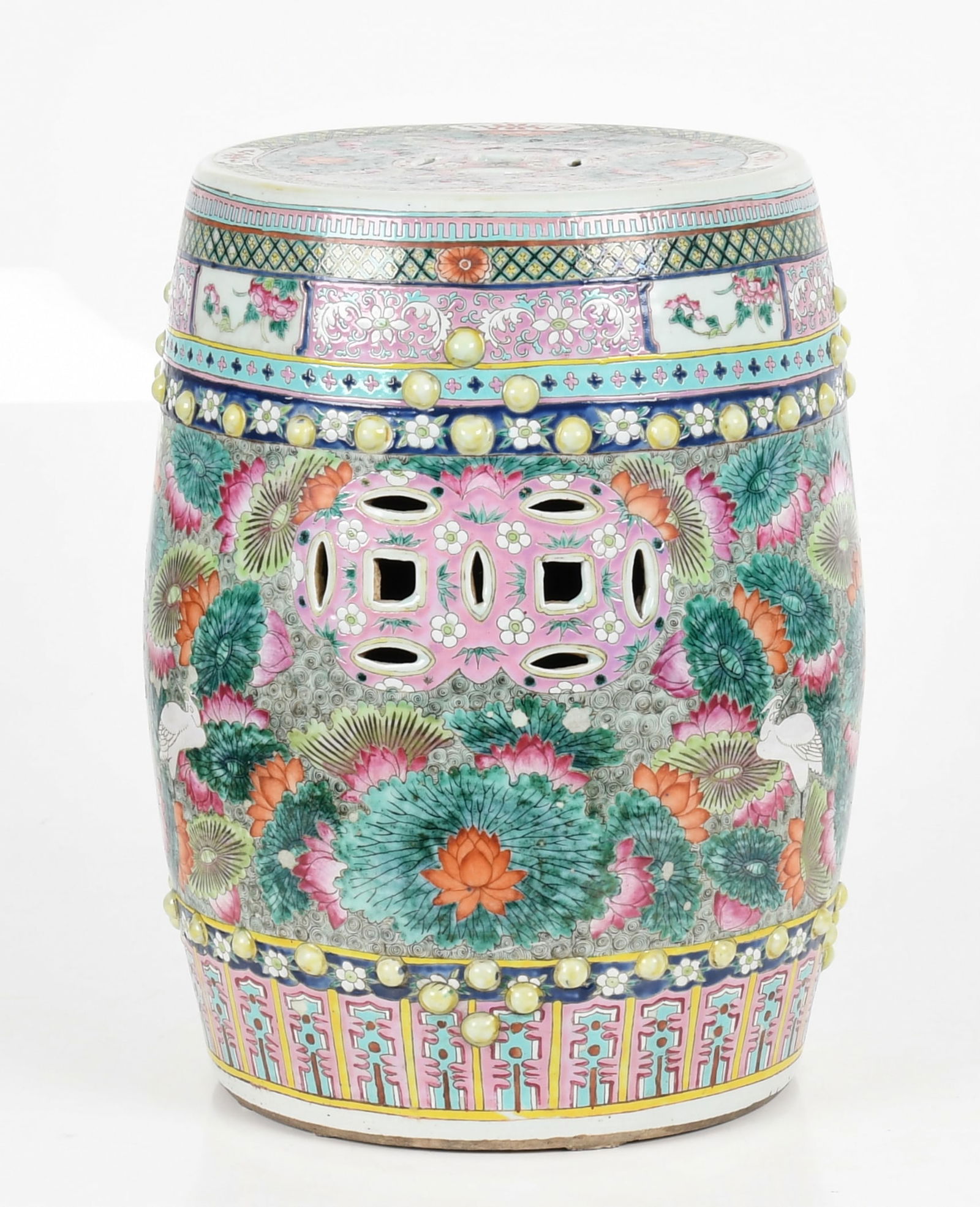 A Chinese Porcelain Garden Seat: A Chinese Porcelain Garden Seat Circa 1900, a famille rose drum form example with decoration depicting egrets amongst lotus blossoms. Dimensions: the top diameter is 12in, the height is 19