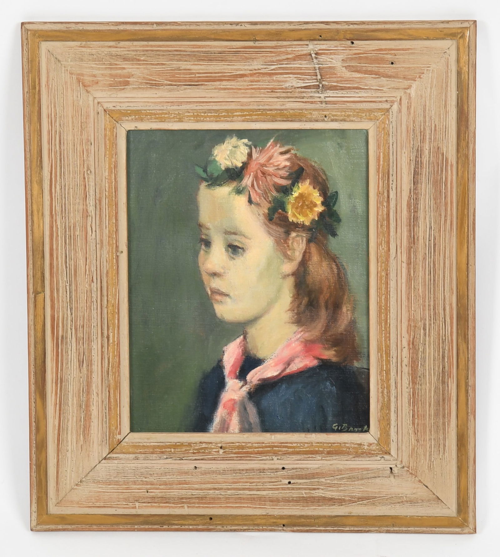 Alexander Brook (1898 - 1980) Oil on Canvas: Alexander Brook (1898 - 1980) Oil on Canvas A portrait of a gilt with flowers in her hair, signed at the lower right. Dimensions: 10in x 8in, the frame 16in x 14in. 