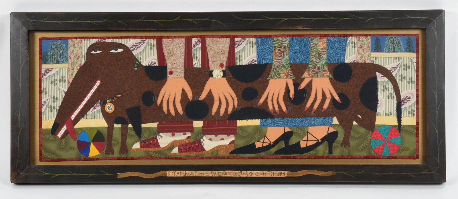 Chris Roberts-Antieau (b.1951) Mixed Media: Chris Roberts-Antieau (b.1951) Mixed Media "Scratching the Weiner Dog" Mixed media cloth with hand-painted frame, signed at the frame and labeled verso. Dated for 2005. Dimension