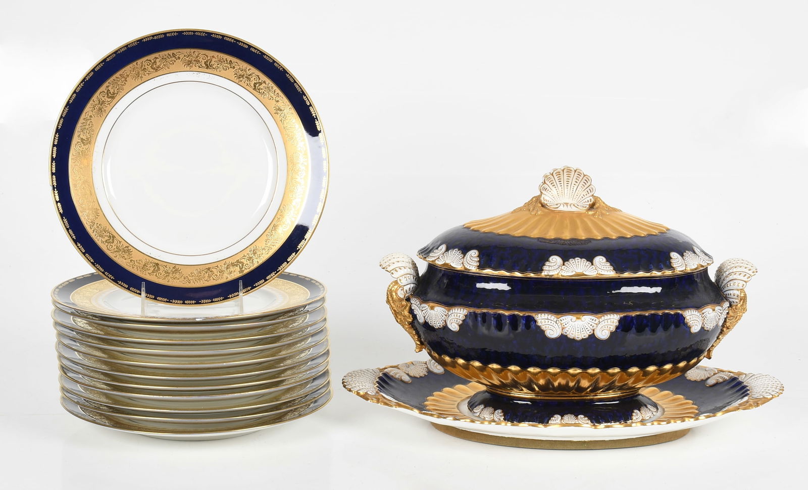 Twelve Limoges Dinner Plates and a Lidded Tureen and Tray: Twelve Limoges Dinner Plates and a Lidded Tureen and Tray Twelve c. 1890's 10 3/4 dinner plates by A. Lanternier & Co, Limoges, France, with decoration in cobalt blue and gold, and a lat