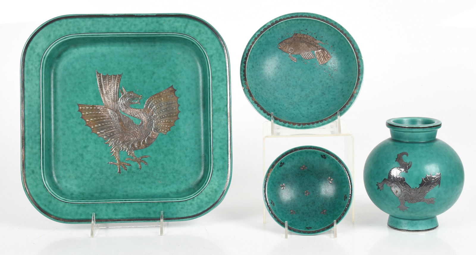 Four Pieces of Gustavsberg Argenta Pottery: Four Pieces of Gustavsberg Argenta Pottery A large square tray with central dragon decoration, a vase with dragon decoration and two bowls, one with fish decoration. Dimensions: from 5in i