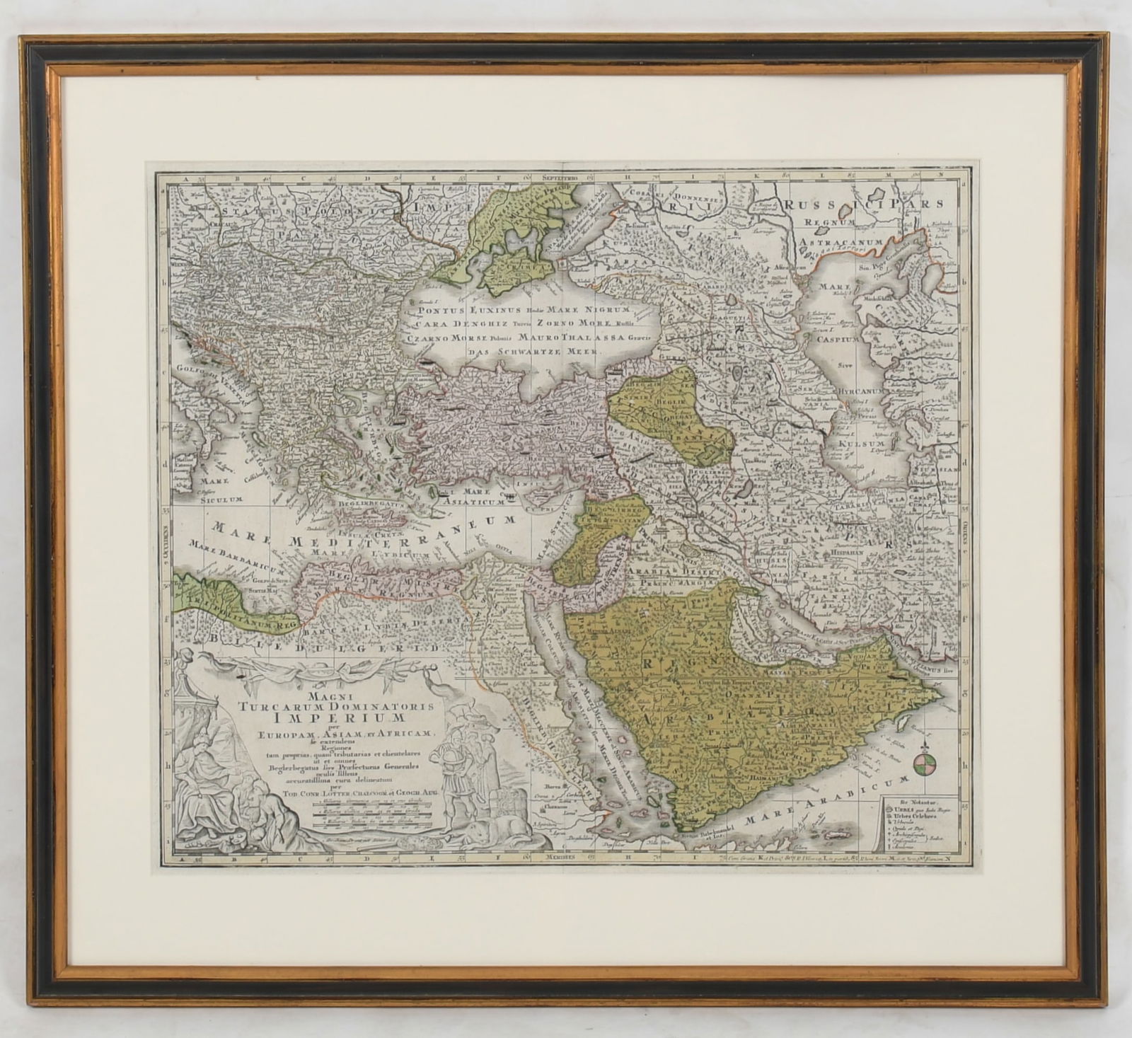 Map of The Turkish Empire, Lotter, 1770: Map of The Turkish Empire, Lotter, 1770 "Magni Turcarum Dominia Tortis Imperium", hand colored. Dimensions: sight is 20in x 23in, the frame 27in x 30in. Proven
