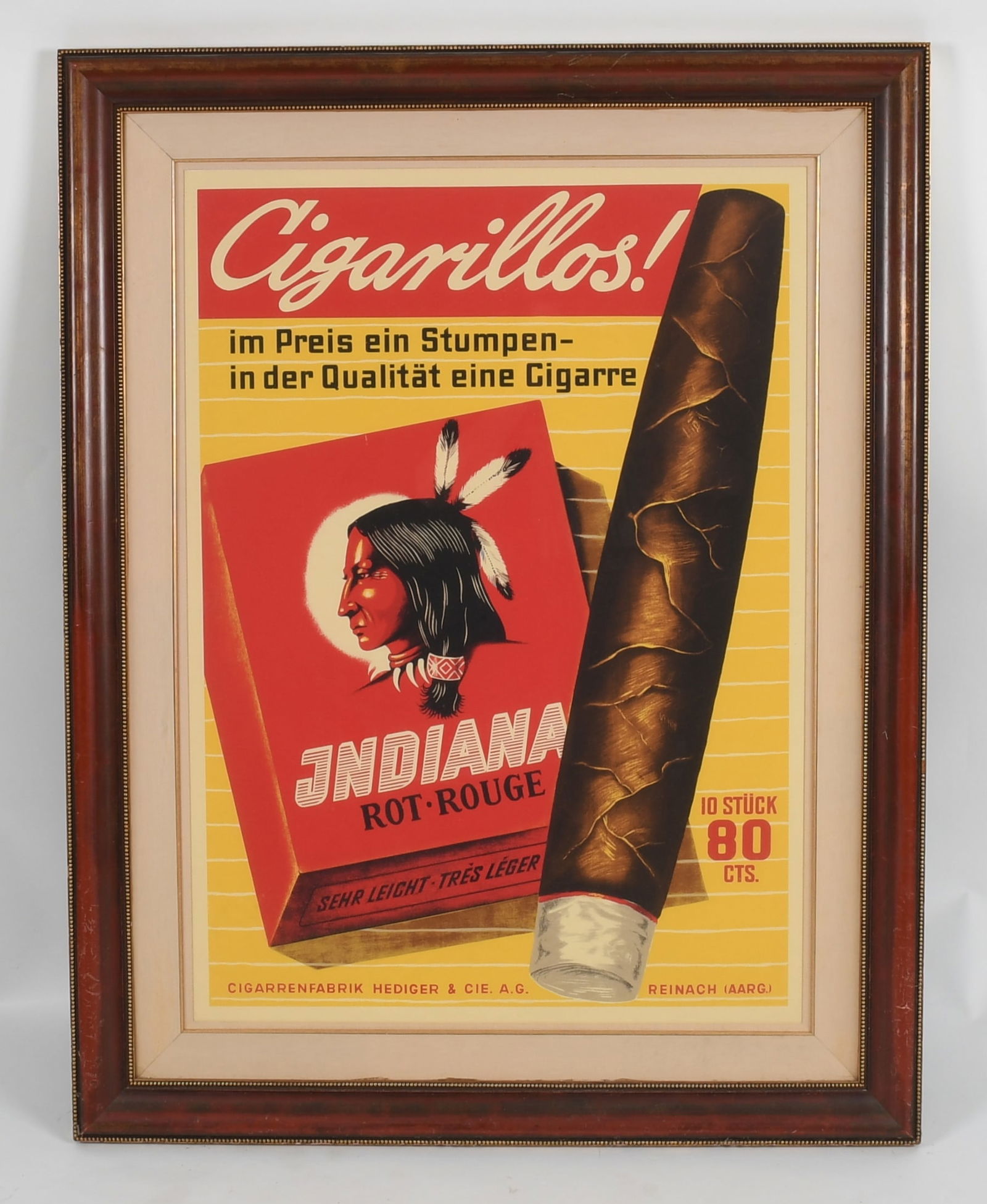 An Indiana Cigarillos Poster: An Indiana Cigarillos Poster An original poster for the German market. Dimensions: sight is 44in x 30in, the frame 55 1/2in x 43in. Provenance: Fro