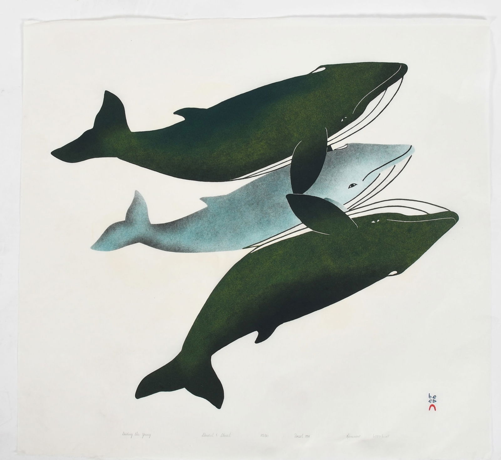 Kavavow Mannomee (Inuit, B. 1958), Stonecut and Stencil: Kavavow Mannomee (Inuit, B. 1958), Stonecut and Stencil "Guiding the Young" dated 1944, from a numbered edition, 25/50, pencil signed and with artists stamp. Dimensions:&n