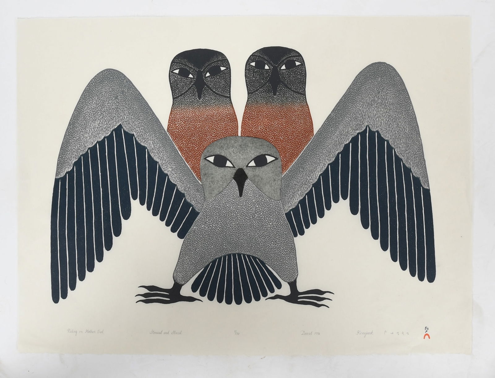 Kenojuak Ashevak (1927-2013), Stonecut and Stencil: Kenojuak Ashevak (1927-2013), Stonecut and Stencil "Riding on Mother Owl", dated 1996, from a numbered edition no. 2/50, pencil signed. Dimensions: 20" x 27"