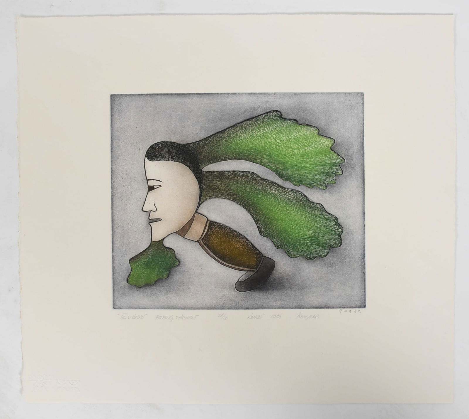 Kenojuak Ashevak (1927-2013), Etching and Aquatint: Kenojuak Ashevak (1927-2013), Etching and Aquatint "Tidal Spirit", dated 1996, from a numbered edition no. 28/50, pencil signed. Dimensions: Sheet is 19 3/4" x 22" Provenance:
