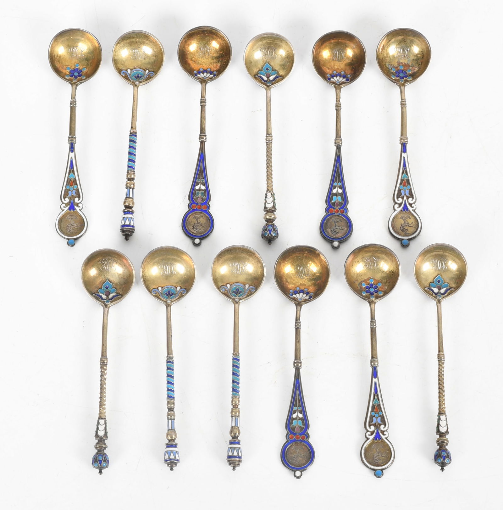 A Group of Twelve Russian Silver and Enamel Tea Spoons (1 of 10)