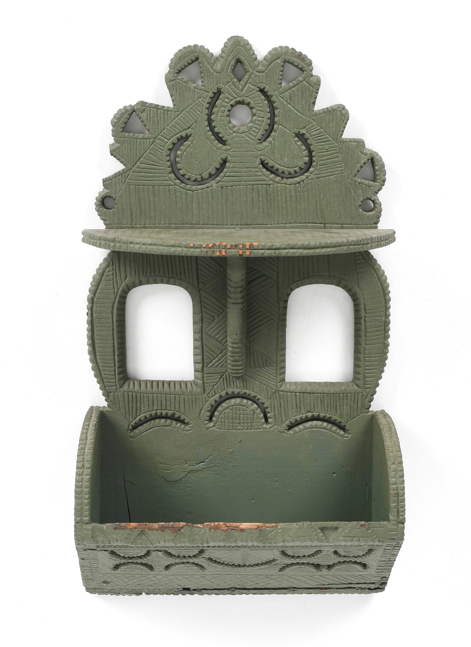 Folk Art Green-Painted Chip-Carved Wall Pocket / Shelf, Early 20th Century (1 of 9)