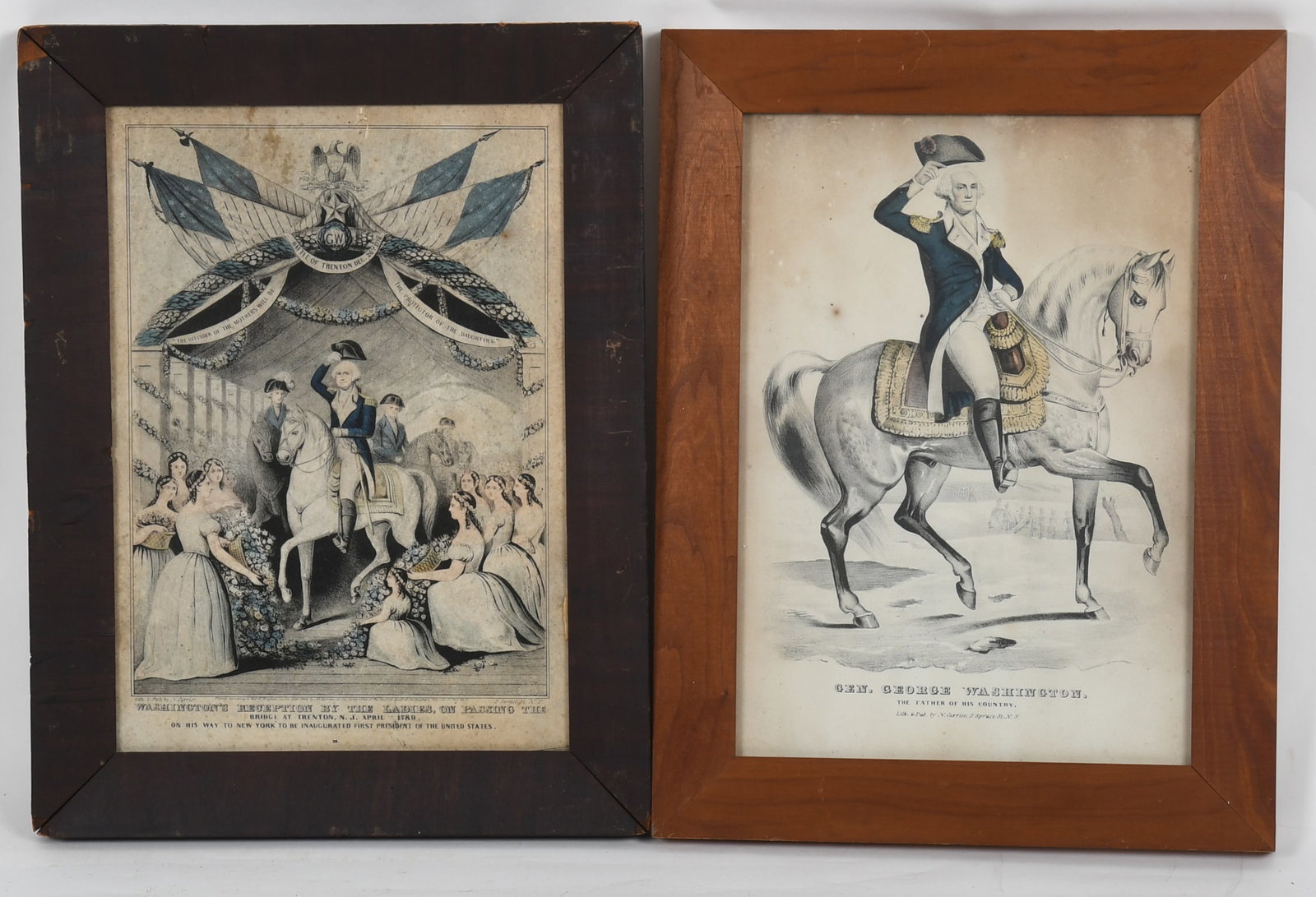 Two 19th Century Lithographs of George Washington, Nathaniel Currier Published: Two 19th Century Lithographs of George Washington, Nathaniel Currier Published Two Hand Colored Lithographs, comprising: "Washington's Reception by the Ladies, on Passing th