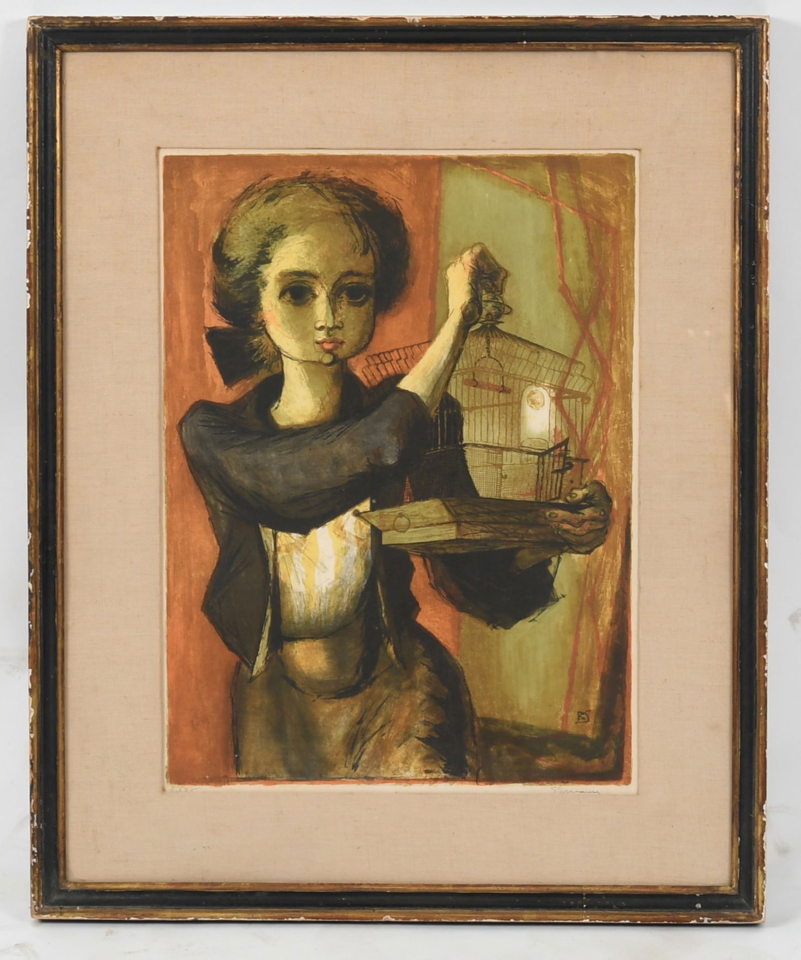 Benton Murdoch SPRUANCE (1904-1967) Color Lithograph: Benton Murdoch SPRUANCE (1904-1967) Color Lithograph Depicting a girl holding a birdcage, pencil signed and numbered 3/35. Dimensions: sight is 22in x 16in, the frame 31in x 26in. 
