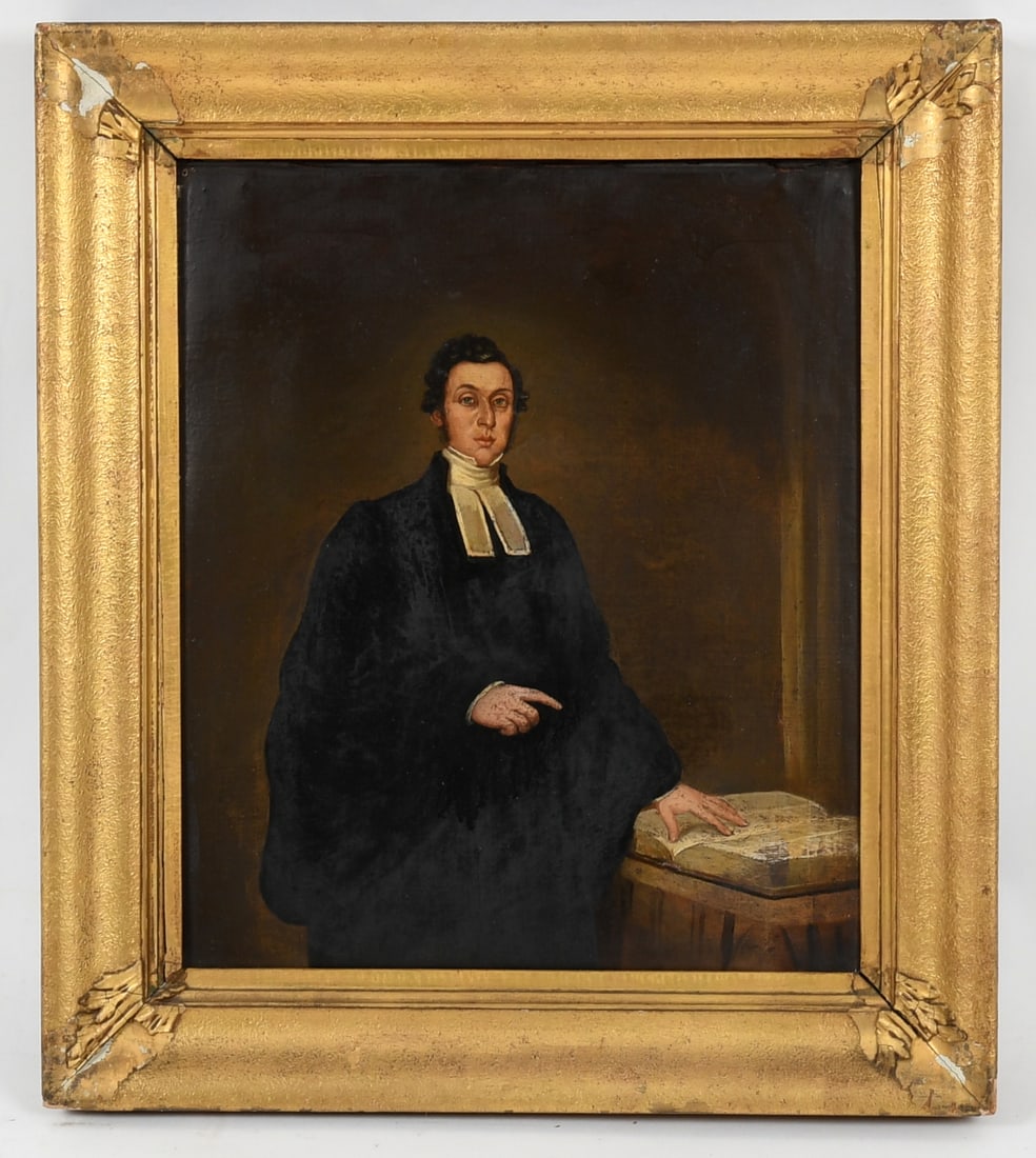 A Portrait of A Minister, 19th Century: A Portrait of A Minister, 19th Century Oil on canvas, unsigned and in what appears to be the original gilt gesso frame. Dimensions: 15in x 13in, the frame 20in x 17in. 
