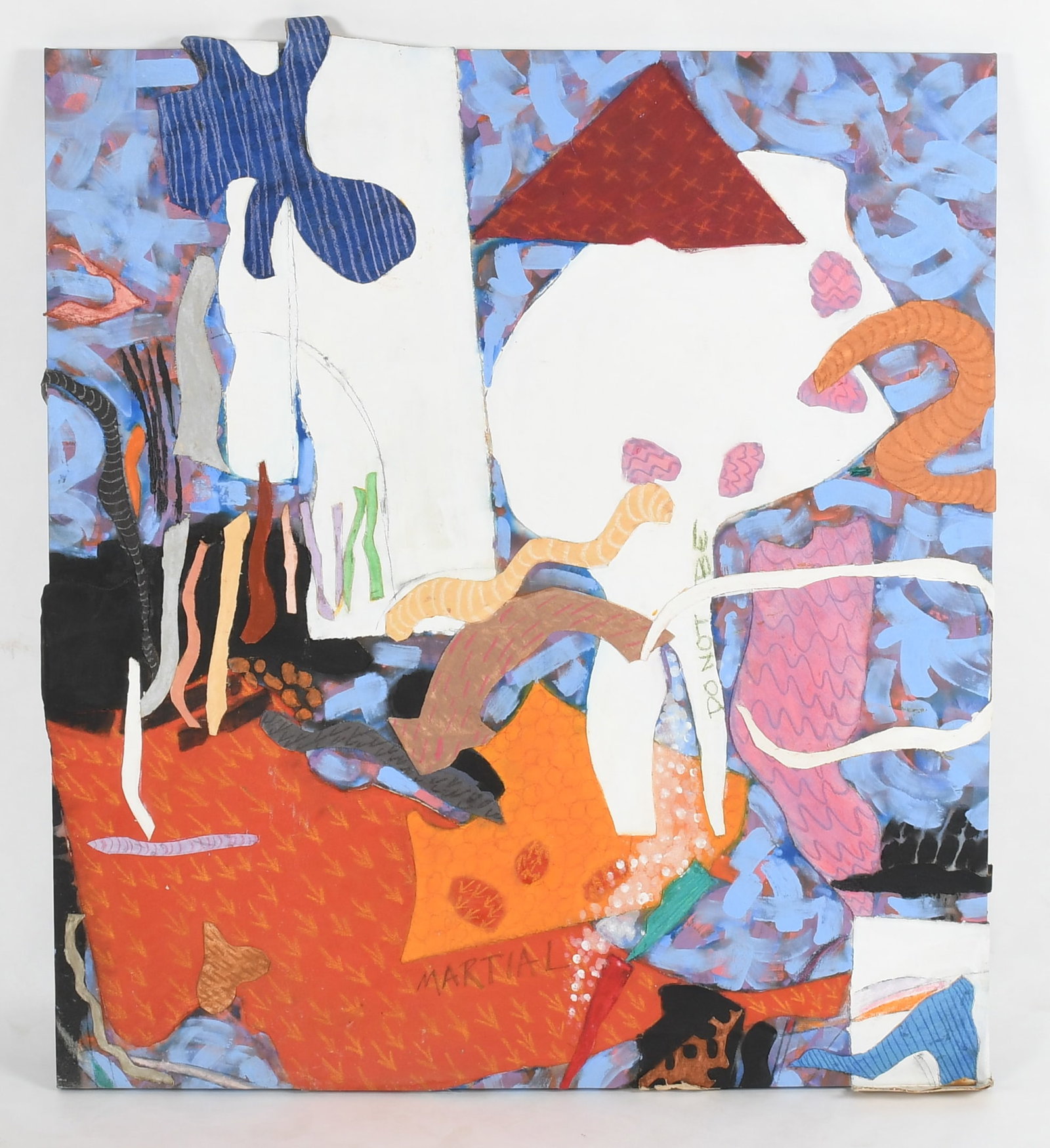 Helen Bershad (American, b. 1934), Mixed Media on Canvas: Helen Bershad (American, b. 1934), Mixed Media on Canvas "Do Not Be Martial", 1986, an abstract work in fabric collage and oil paint on canvas, signed, dated, and titled verso.&n