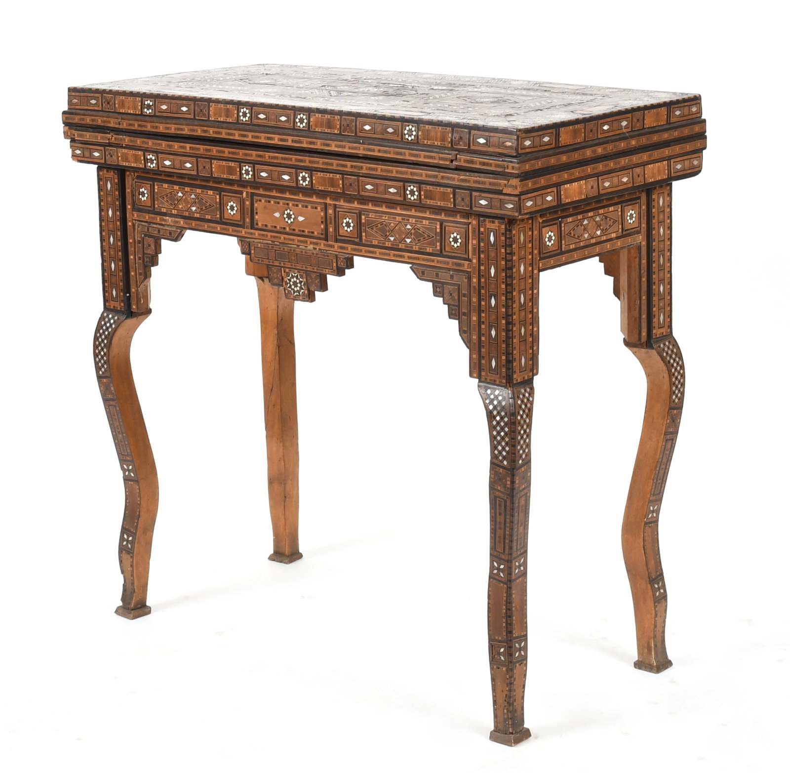 Syrian Mother-of-Pearl and Bone Parquetry Inlaid Fold-Top Games Table, Circa 1910: A Syrian Mother-of-Pearl and Bone Parquetry Inlaid Rosewood Fold-Top Games Table, Circa 1910 Profusely decorated with inlaid specimen wood, mother-of-pearl, an