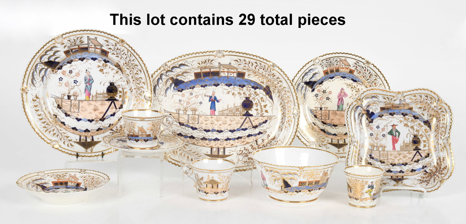 An Assembled English Chamberlain's Worcester Partial Service, Early 19th Century and Later: An Assembled English Chamberlain's Worcester Partial Service, Early 19th Century and Later In a chinoiserie pattern; one plate with iron-red painted mark "Chamberlain's Worce