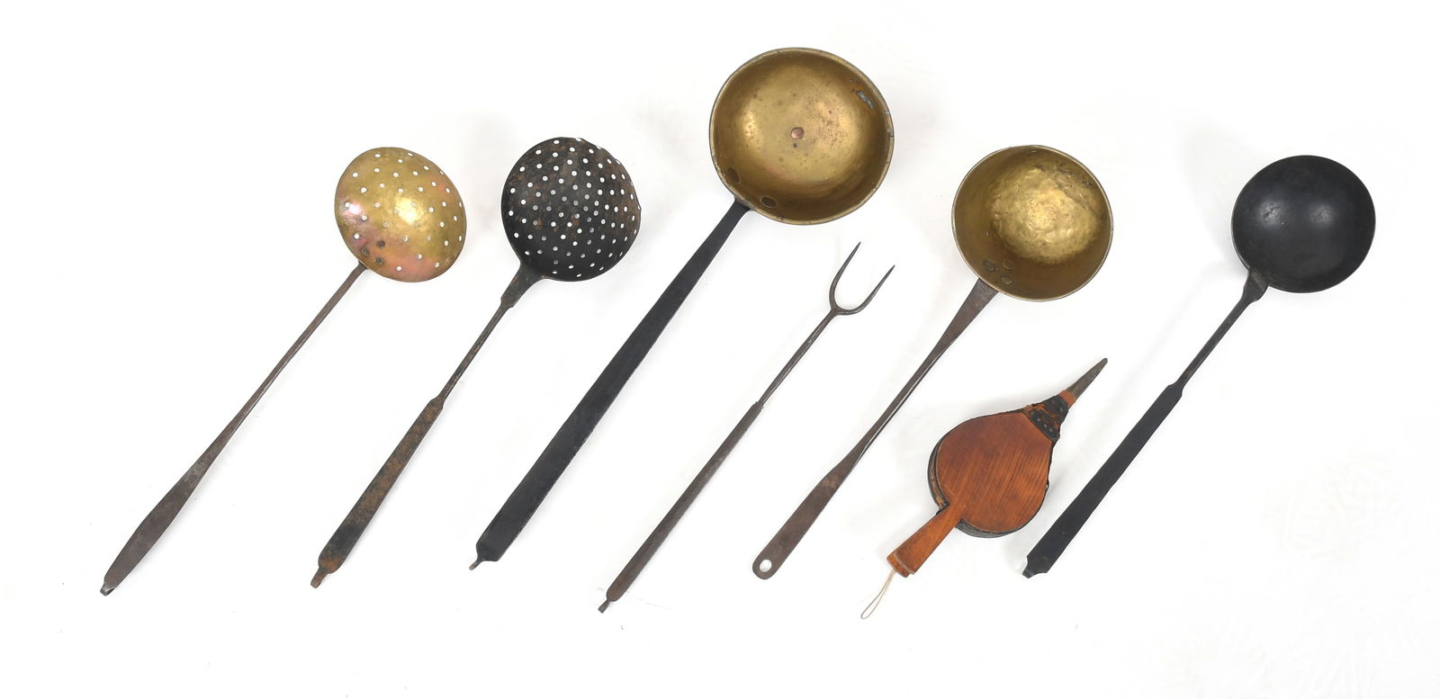 A Group of Antique Cooking Utensils: A Group of Antique Cooking Utensils 19th century ladles, strainers and a fork, together with a small wooden bellows, seven pieces total. Dimensions: from 12in to 23in long. &nbs