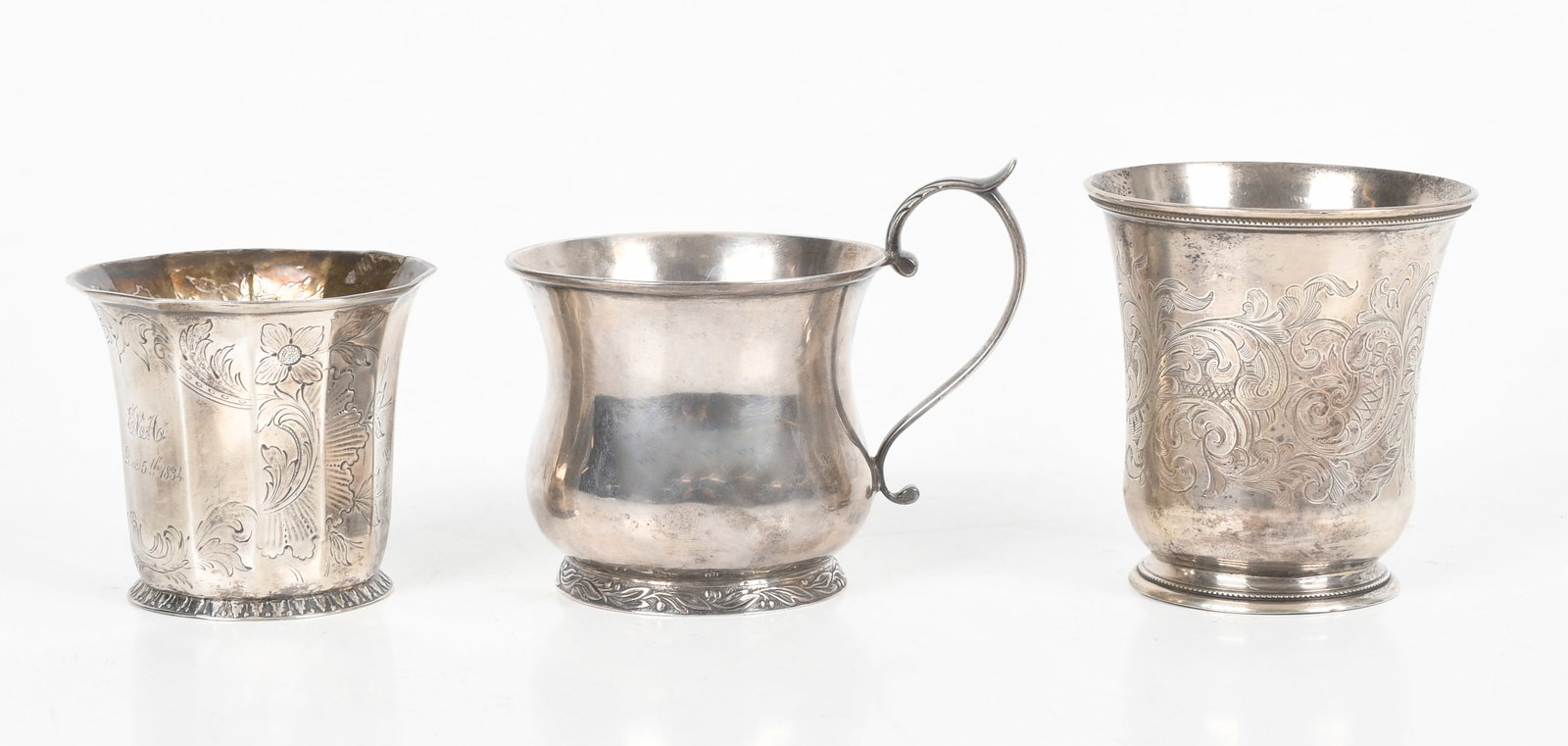 Three Pieces of American Coin Silver Hollowware, New York and Philadelphia, c. 1830-1860: Three Pieces of American Coin Silver Hollowware, New York and Philadelphia, c. 1830-1860 Comprising: a baluster-form tankard with marks for Bailey & Kitchen, Philadelphia (act. 1832 -