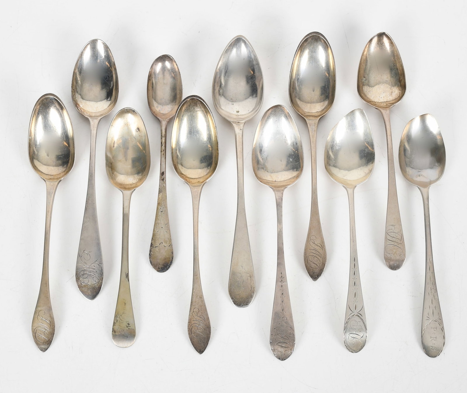 Eleven New York and New Jersey Coin Silver Tablespoons: Eleven New York and New Jersey Coin Silver Tablespoons Late 18th and early 19th centuries, comprising: a set of three 9in spoons by Henry Lupp, two spoons by Bejamin Halstead, one 9 1