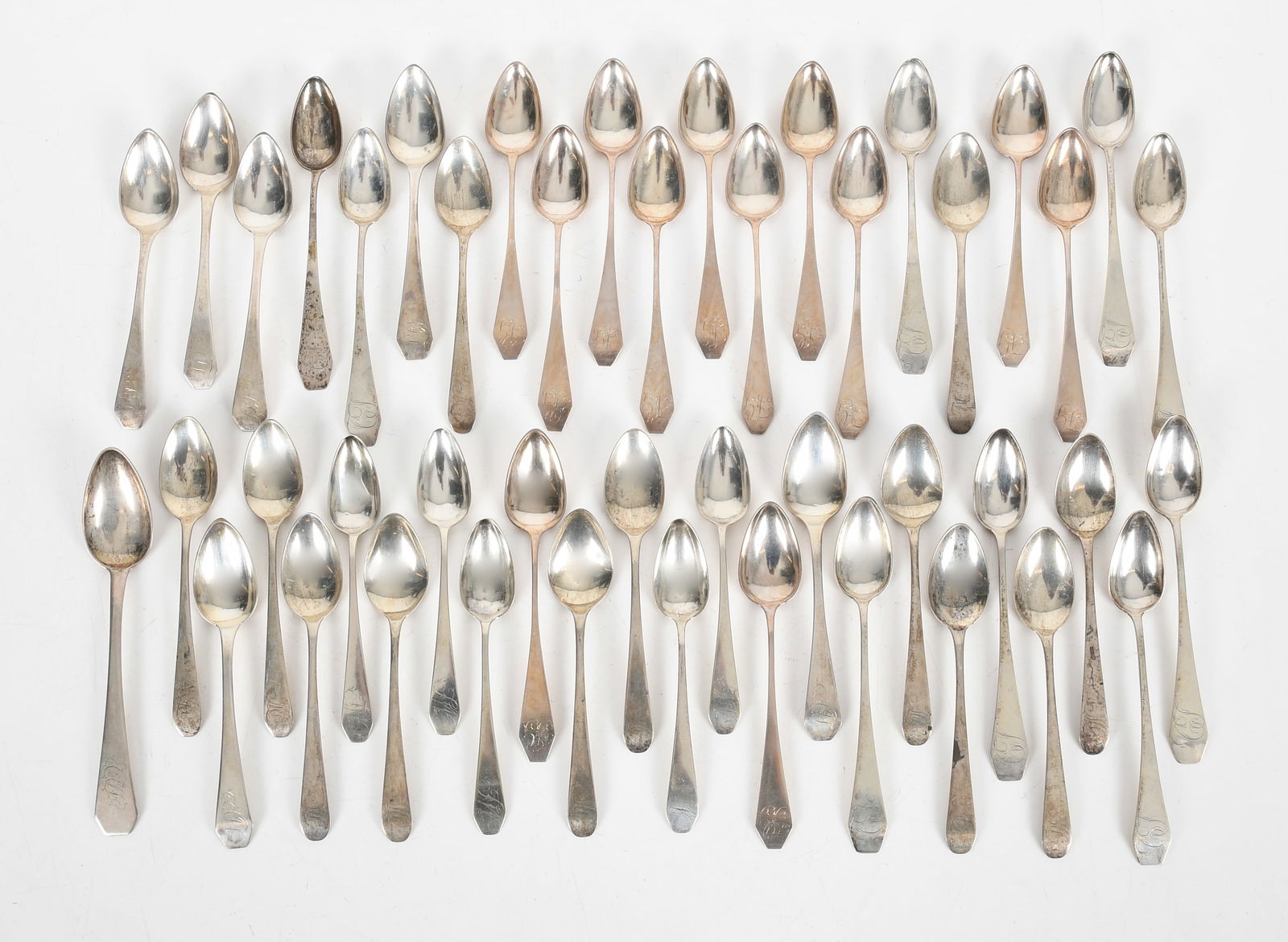 Five Sets of Coin Silver Coffin End Teaspoons: Five Sets of Coin Silver Coffin End Teaspoons First half of the Comprising: Twelve 6in spoons by Marcus Merriman & Co, CT, twelve 5 3/4in spoons by John and Peter Targee, NY, nin
