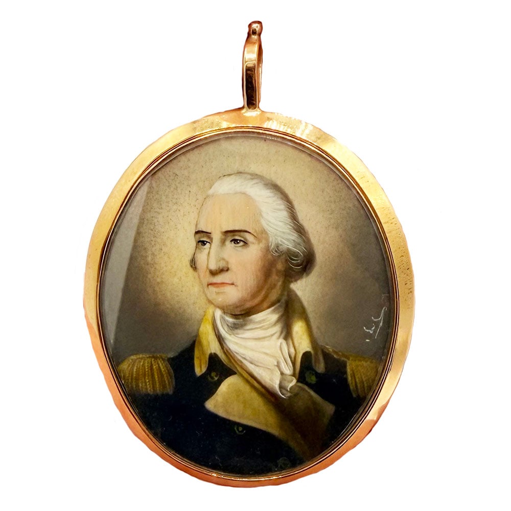 A Portrait Miniature of George Washington: A Portrait Miniature of George Washington 20th century, after Rembrandt Peale (1778-1860), signed at the lower right, housed in a gold-filled frame. Dimensions: Meas