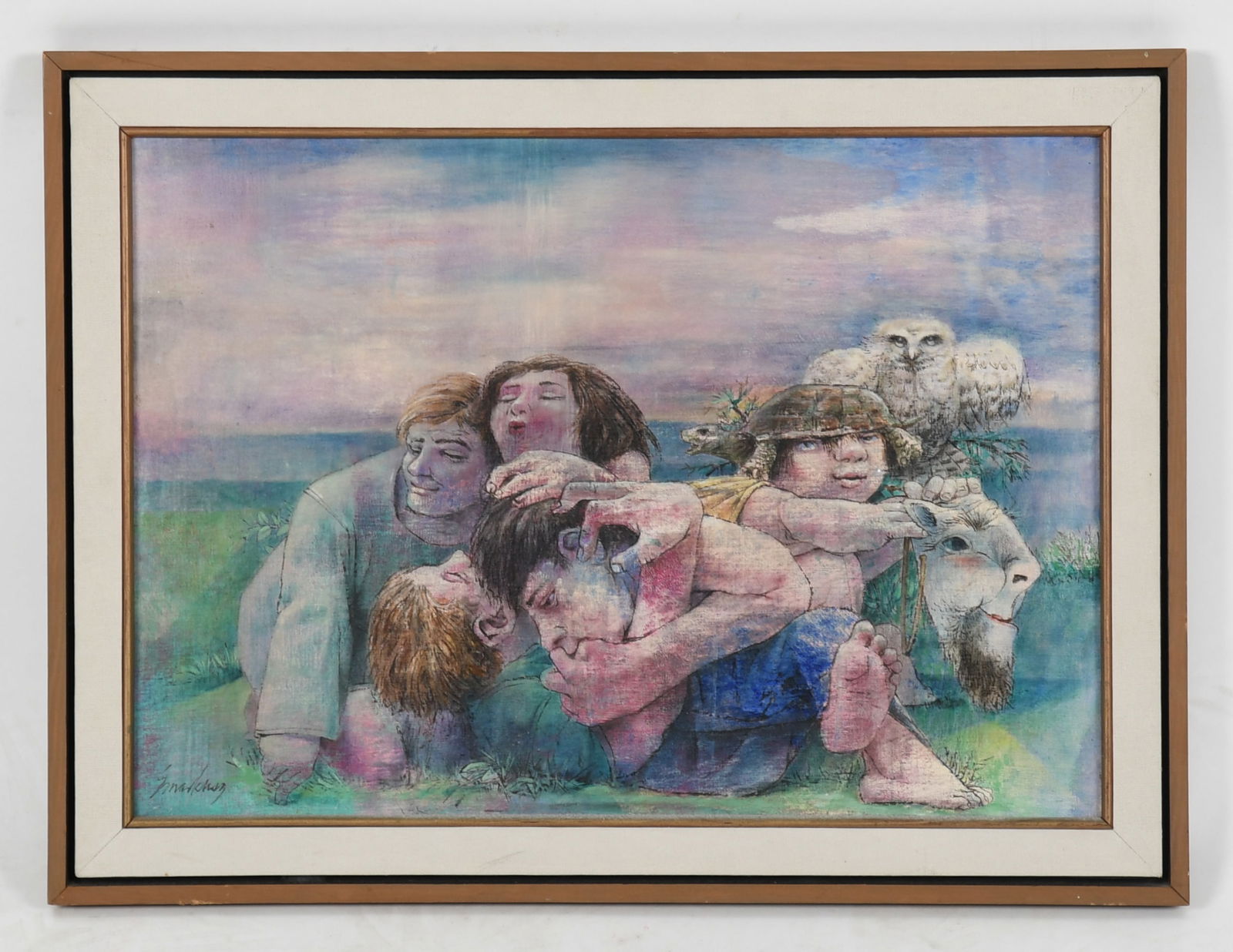 Vincent Smarkusz (American, 1919-1974), Huddle Among Sheep: Vincent Smarkusz (American, 1919-1974), Huddle Among Sheep Mid 20th century, tempera on masonite, signed at the lower left, attached verso is a newspaper clipping from Smarkusz's firs