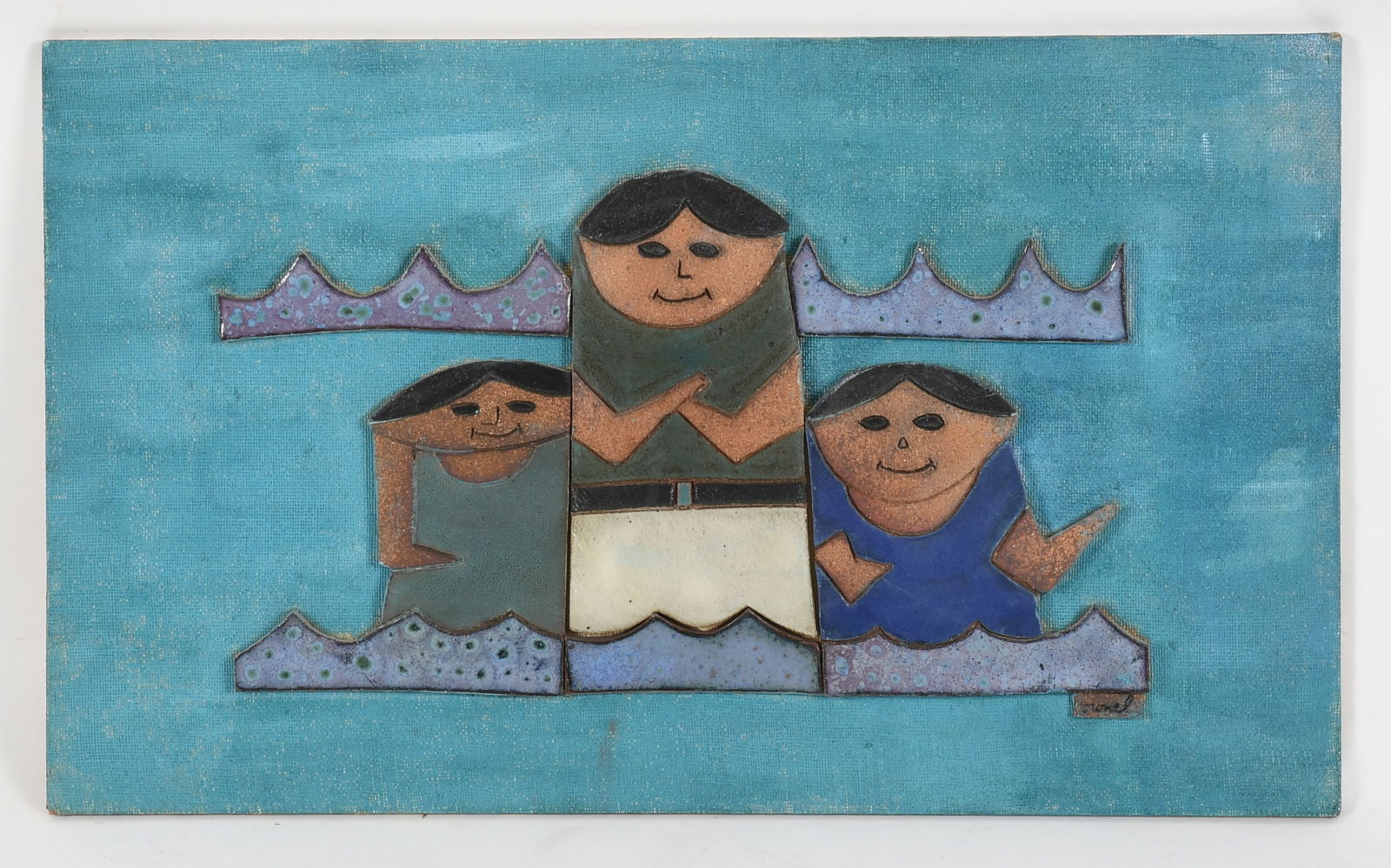 Raul Coronel (Mexican, b. 1926), Wall Plaque: Raul Coronel (Mexican, b. 1926), Wall Plaque Mid 20th century, a wall plaque in ceramics applied to board depicting a woman and two children among waves, signed at the lower right. 