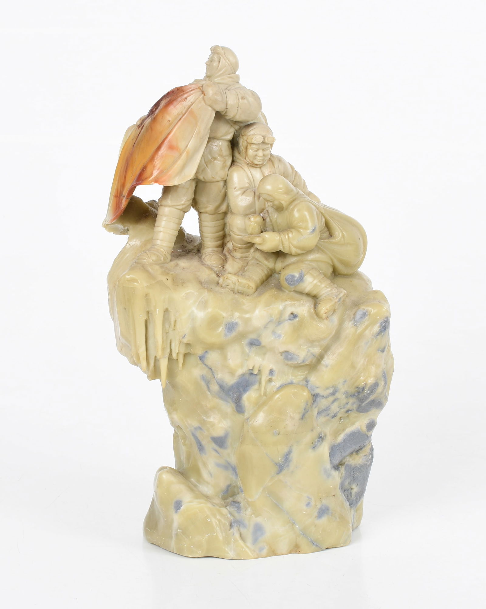 A Chinese Soapstone Carving Commemorating the 1960 Chinese Mt. Everest: A Chinese Soapstone Carving of the 1960 Chinese Mt. Everest Expedition Contemporary, depicting with three figures atop an icy cliff with a standing figure holding a flag, ostensibly W