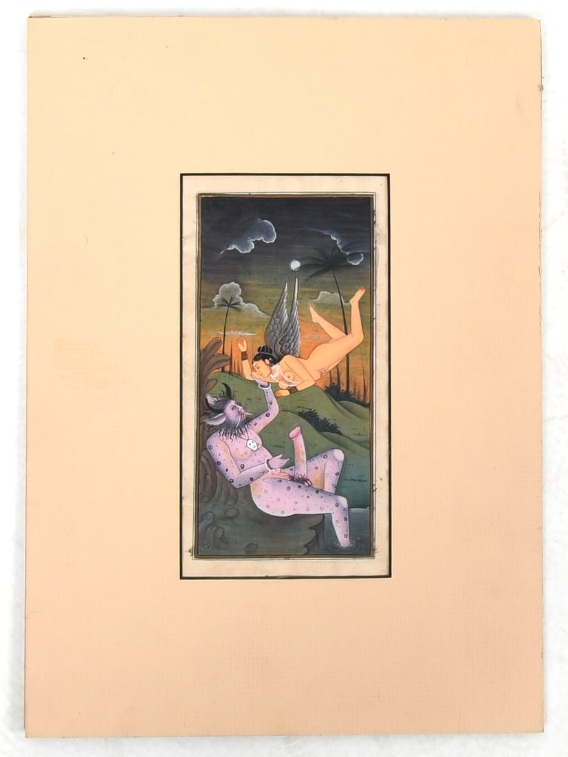 An Indo-Persian Erotic Illuminated Page:  An Indo-Persian Erotic Illuminated Page 19th century, gouache on paper, depicting a nude devil and Apsara, text at the reverse. Dimensions: The sheet is 8 1/