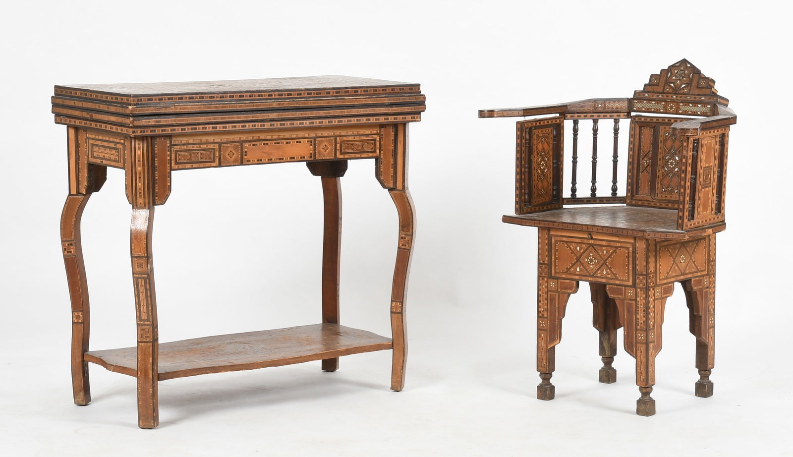 A Syrian Mother-of-Pearl and Parquetry-Inlaid Games Table and Armchair, Early 20th Century (1 of 18)