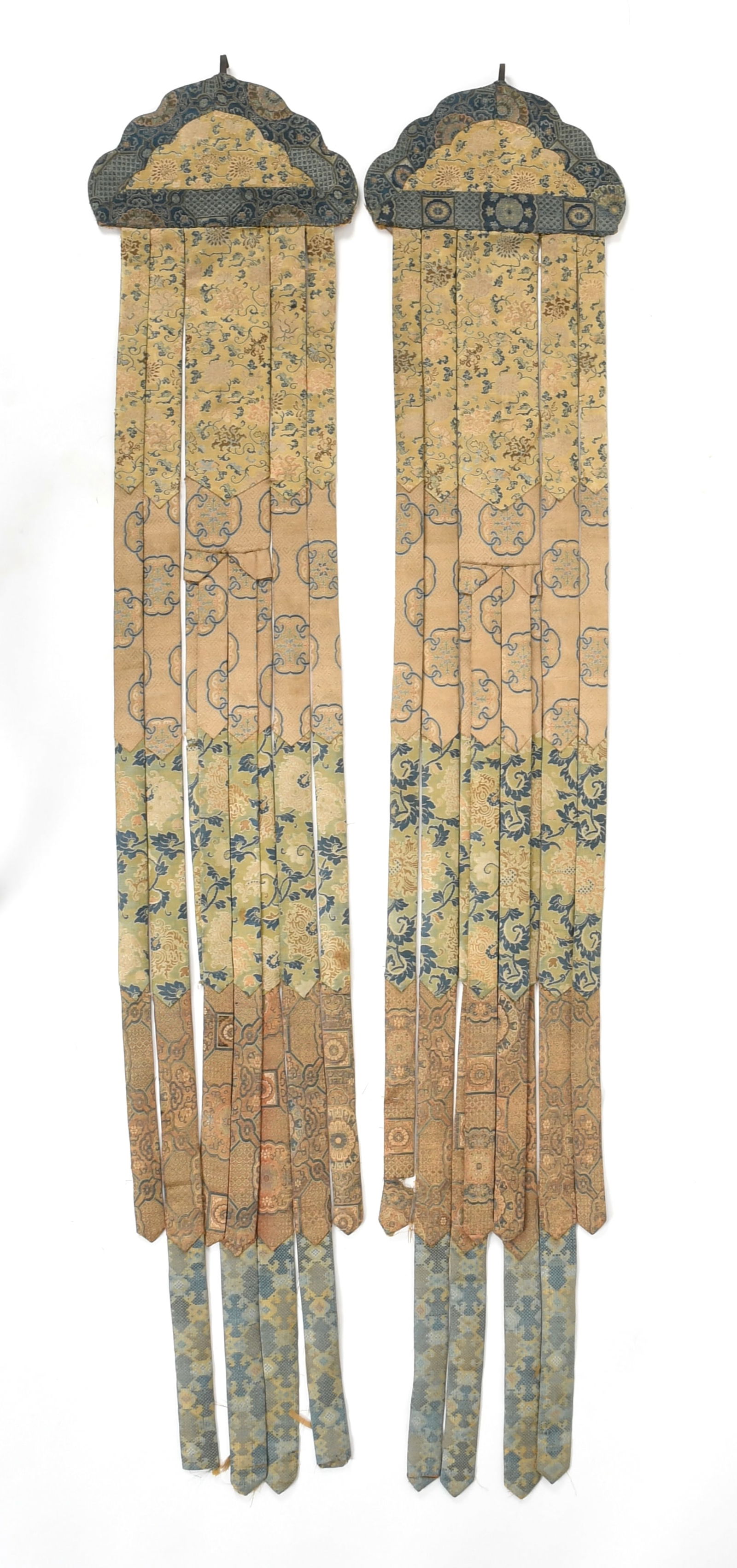 A Pair of Chinese Embroidered Temple Banners: A Pair of Chinese Embroidered Temple Banners Qing dynasty, each with a wooden covered terminal and iron hook. Dimensions: each is 13in x 70in. 