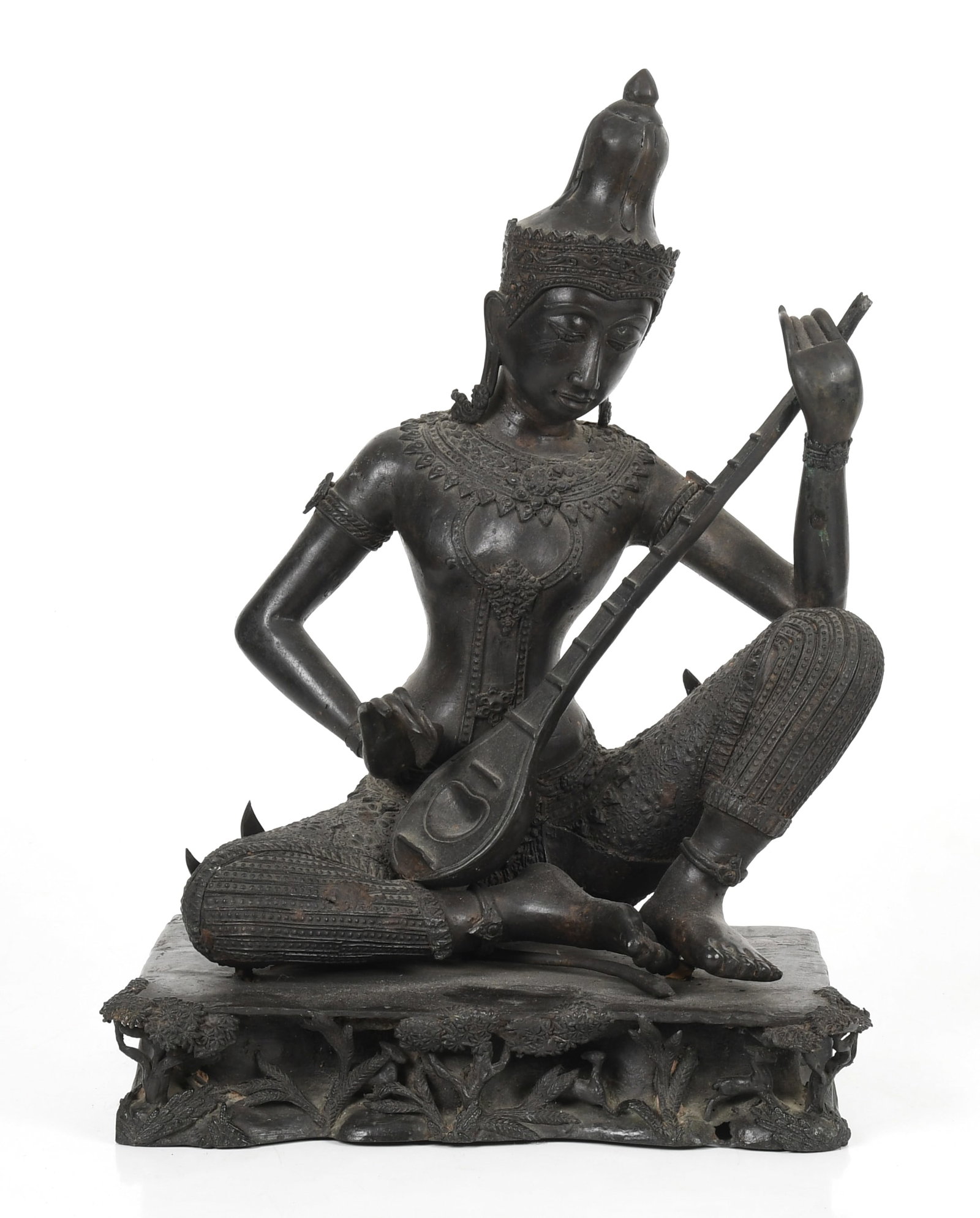 A Large Thai Bronze Figure: A Large Thai Bronze Figure Depicting Prince Phra Aphai Mani seated and playing a musical instrument. Dimensions: 13in x 8 1/2in, the height is 19in. 