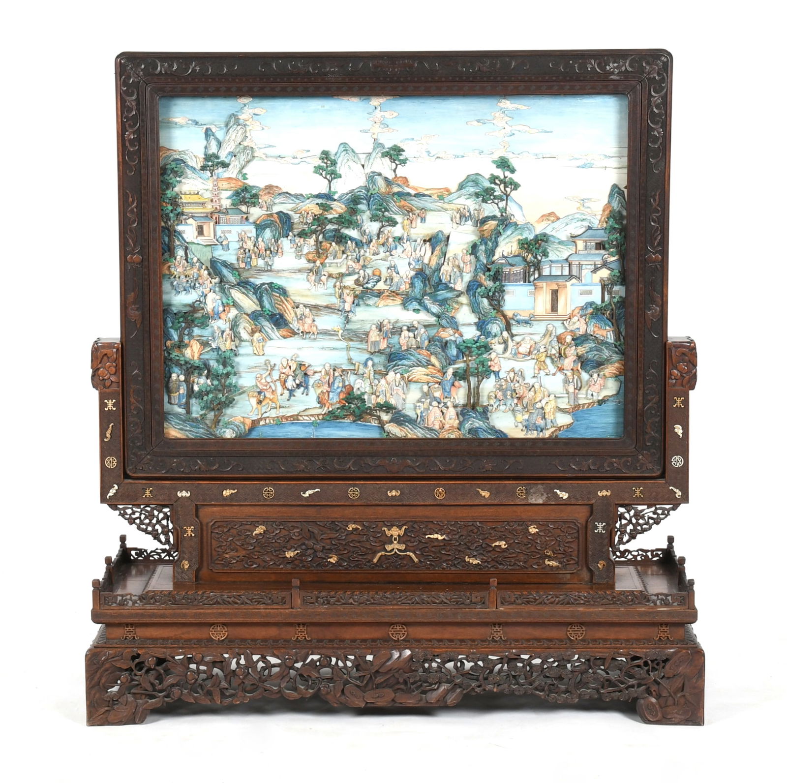 A Chinese Carved and Inlaid Rosewood Floor Screen and Stand, c. 1850 (1 of 18)