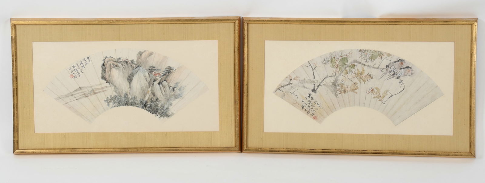 Two Chinese Fan Paintings: Two Chinese Fan Paintings Late 19th to early 20th century, two watercolors on paper applied to silk, one depicting two birds perched on blossoming plum branch, the other depicting an old