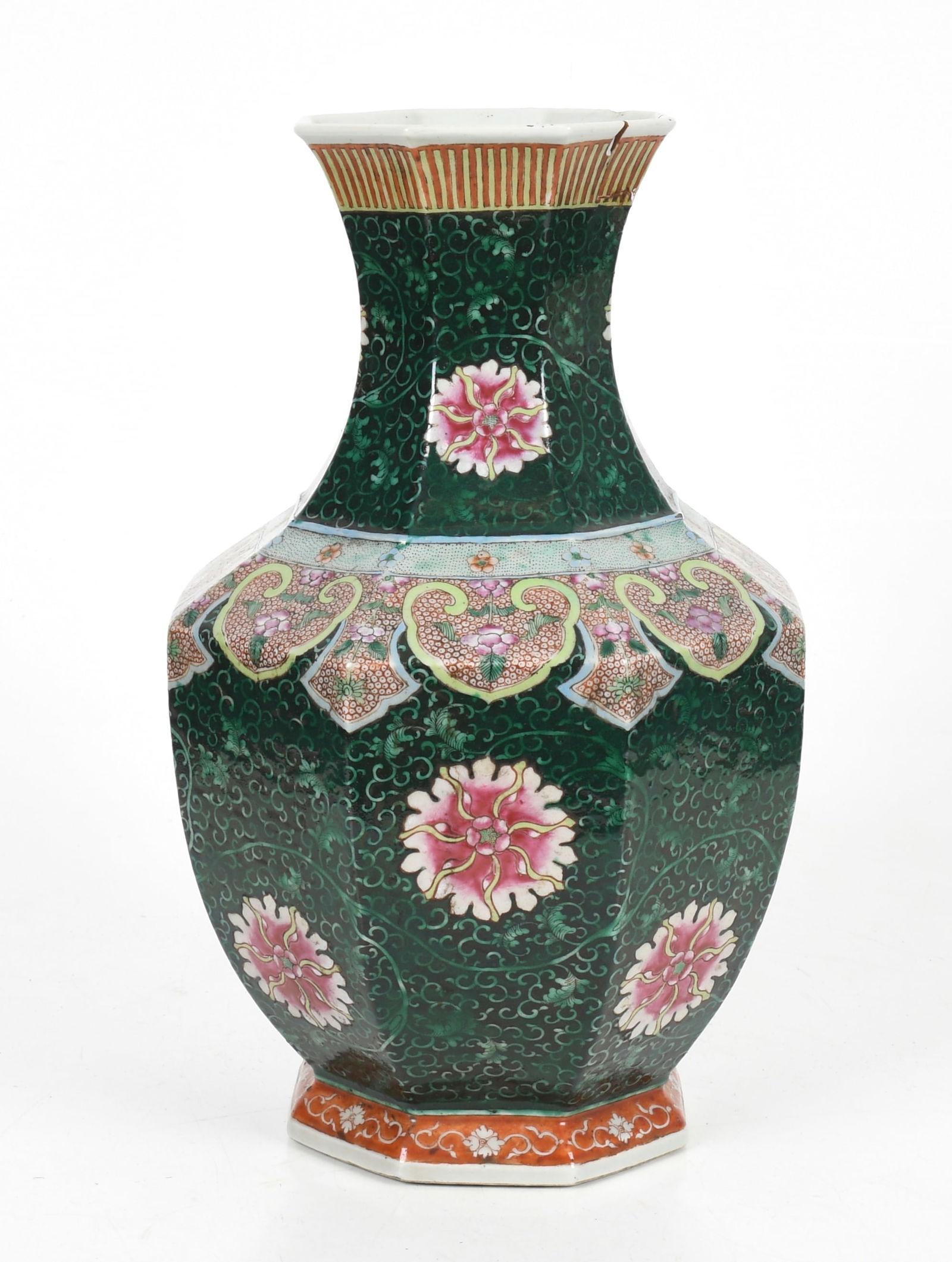 A Chinese Porcelain Octagonal Vase: A Chinese Porcelain Octagonal Vase A 19th century example with a dark green ground decorated with blossoms and scrolled foliate elements. Dimensions: 12in diameter, the height is 17