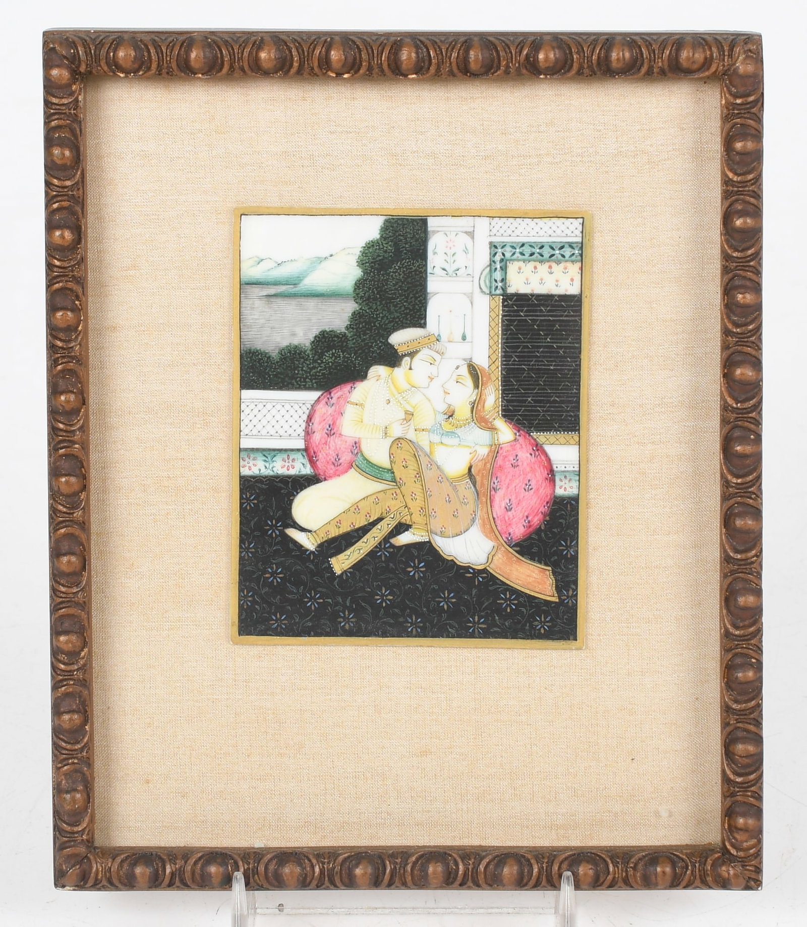 An Indian Mughal-Style Miniature of a Couple Embracing on a Terrace, 19th Century: An Indian Mughal-Style Miniature of a Couple Embracing on a Terrace, 19th Century Dimensions: 3 in. x 2 3/8 in.; 5 3/4 in. x 4 7/8 in. (framed)