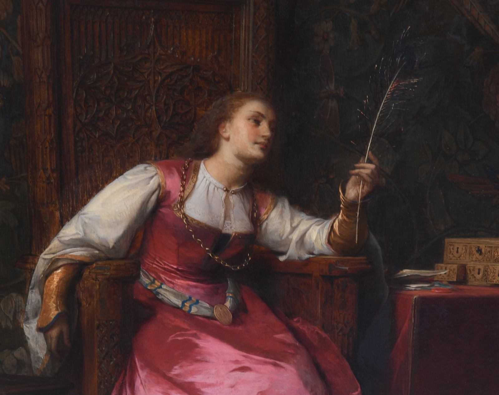 Pierre-Charles Comte (French, 1823-1895), "The Peacock Feather": Pierre-Charles Comte (French, 1823-1895), "The Peacock Feather" A Renaissance-Revival scene, depicting a seated lady contemplating a peacock feather with floral tapestry in the backgr